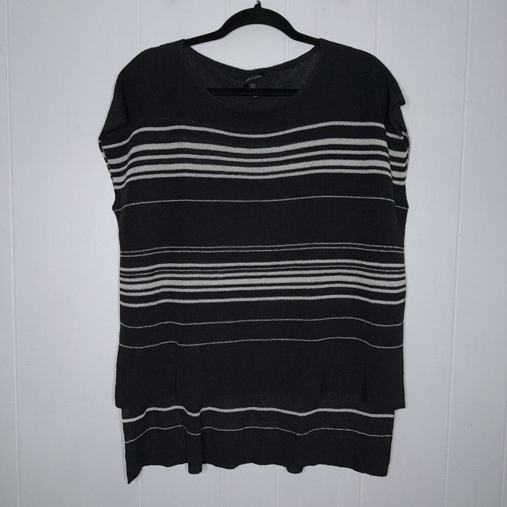 Eileen Fisher Women’s Bateau Neck Poncho Organic Linen Gray Striped Size Medium